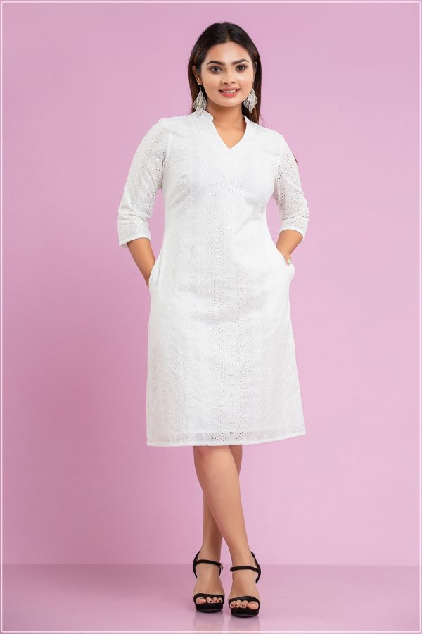 White Cutlon Short Dress With Lining - Image 4